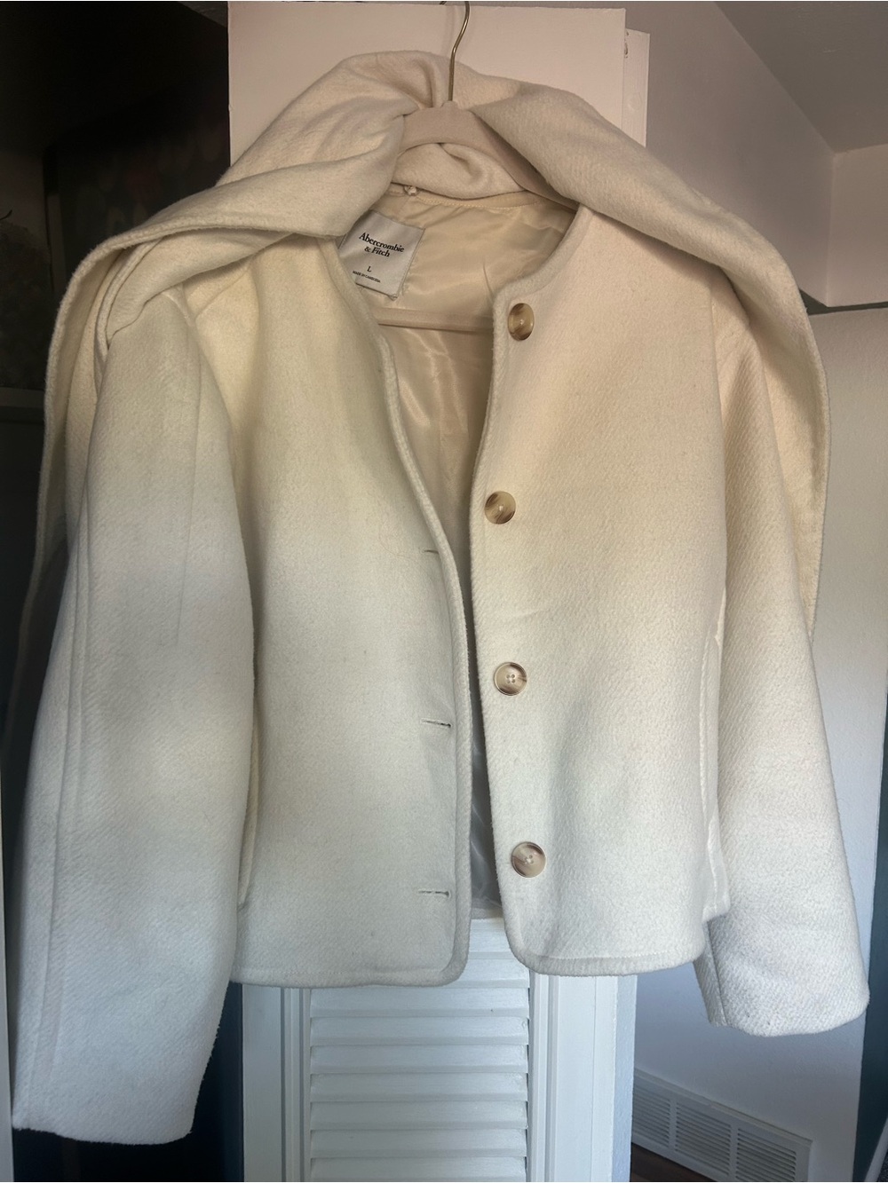Abercrombie & Fitch Cream Hooded Wool-Blend Pea Coat